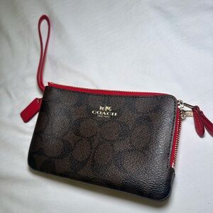 Coach Signature Brown Wristlet with Red Trim